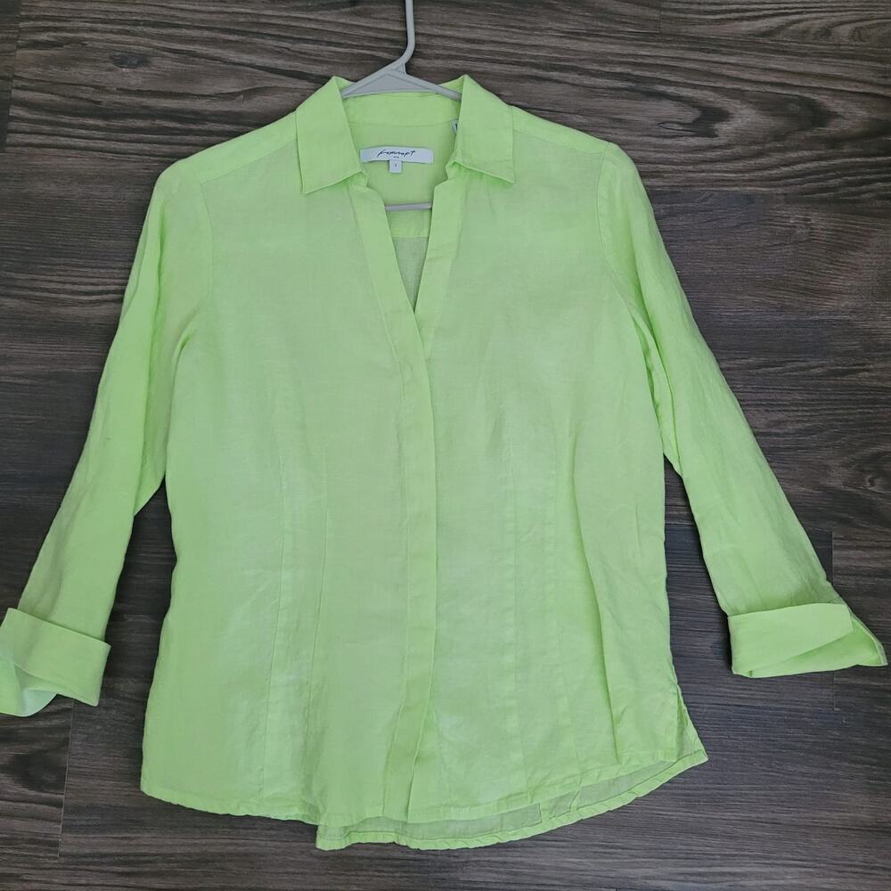 Foxcroft Women's Button Up Blouse Top Size 2 Green 100% Linen Long Sleeve